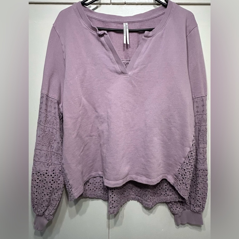 Anthropologie Lavender Lace Eyelet Balloon Sleeves Sweater - Women’s Large